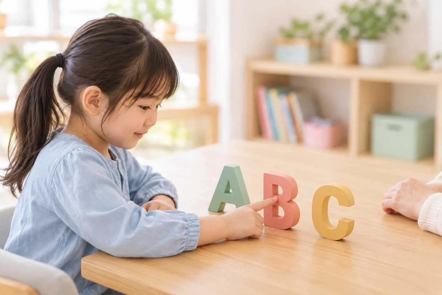 アルファベットの教材で学ぶ子どものイメージ画像（AI生成）