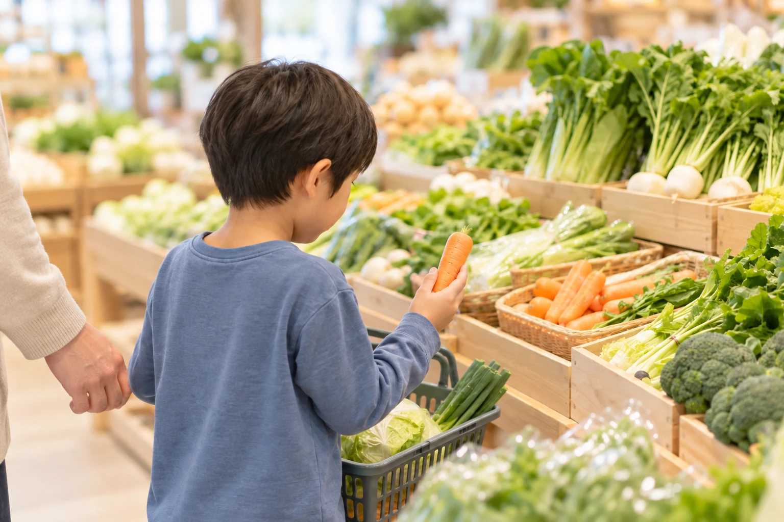 青果を自分で選ぶ買い物体験中の子どものイメージ画像（AI生成）