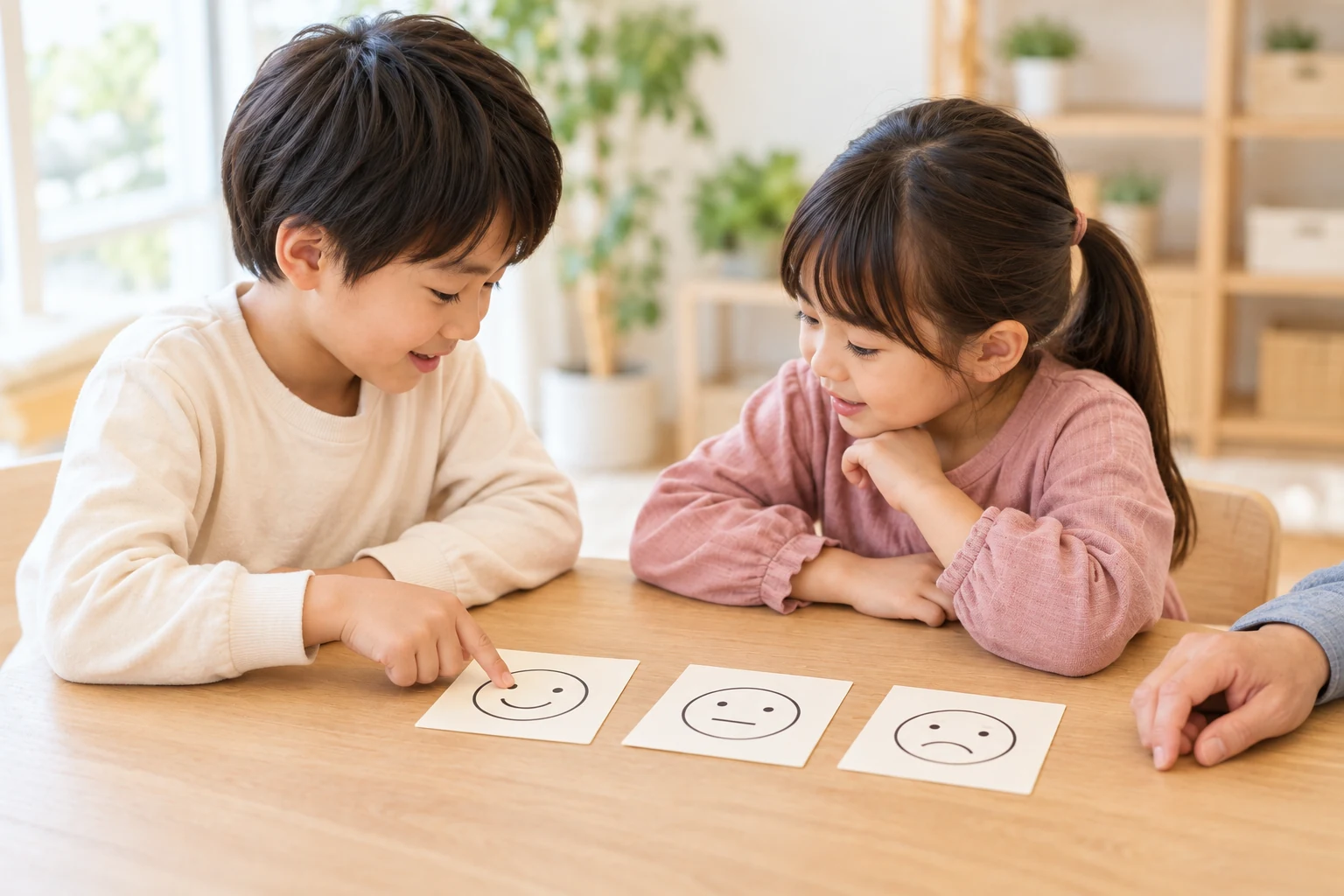 表情カードで気持ちを伝え合う子どもたちのイメージ画像（AI生成）
